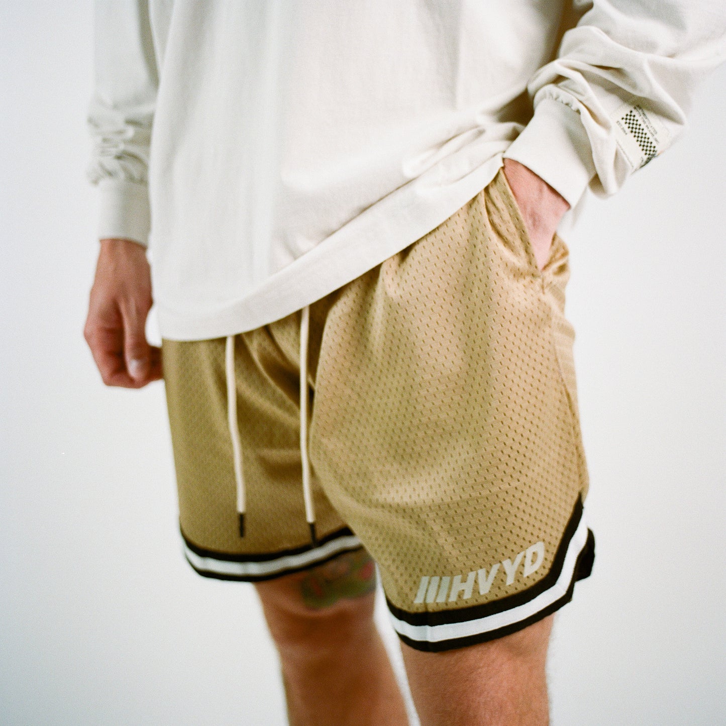 002 HVYD Premium Varsity Mesh Shorts — Beige